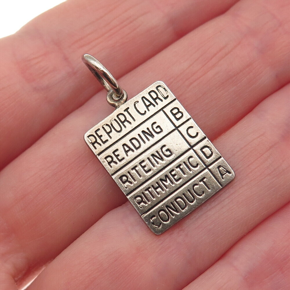 WELLS 925 Sterling Silver Vintage Report Card Oxidized Mini Charm Pendant
